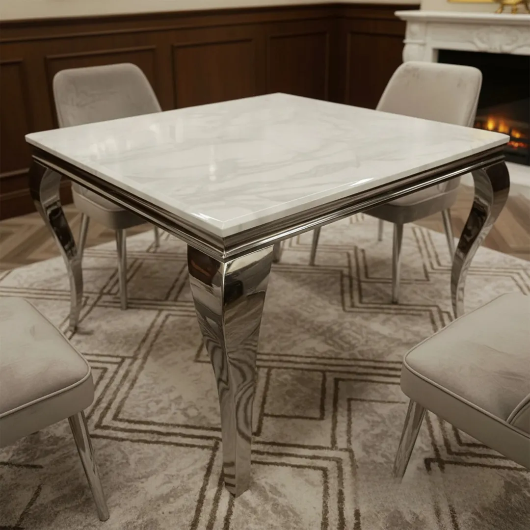 Lorens 100cm Square Chrome Dining Table – Modern White Marble Top - Image 3