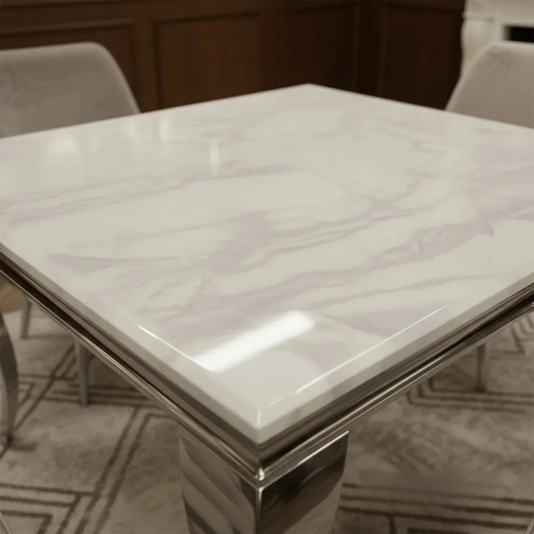Lorens 100cm Square Chrome Dining Table – Modern White Marble Top - Image 2