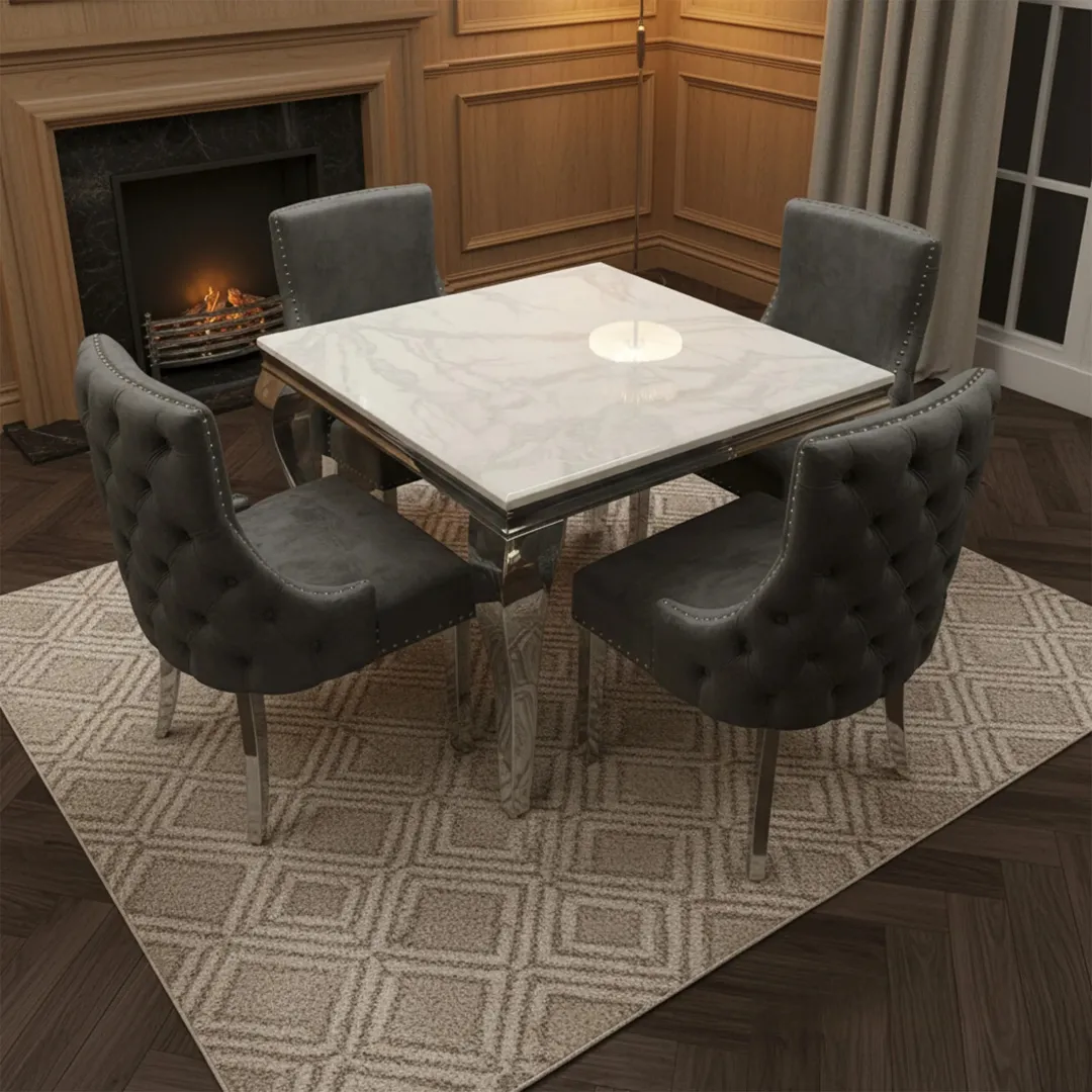 Lorens 100cm Square Chrome Dining Table – Modern White Marble Top - Image 4