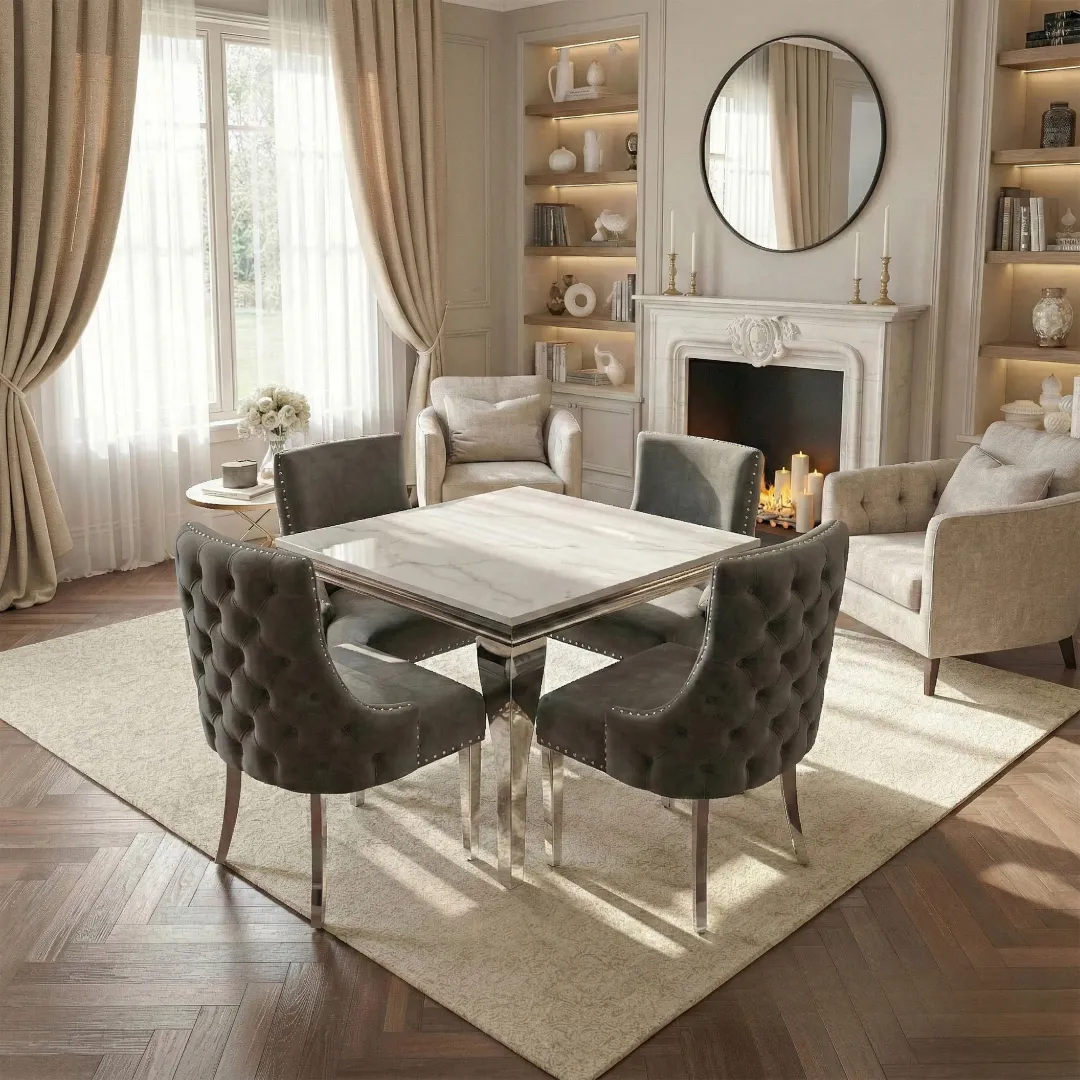 Lorens 1m Square Chrome Dining Set – White Marble Table with 4 Oskar Dark Grey Velvet Chairs