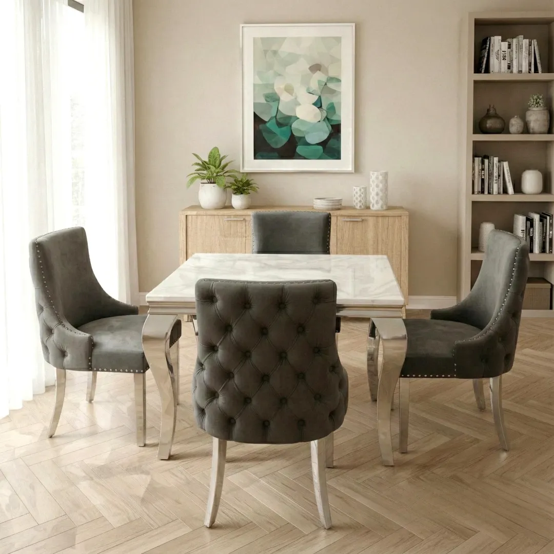 Lorens 1m Square Chrome Dining Set – White Marble Table with 4 Oskar Dark Grey Velvet Chairs - Image 5