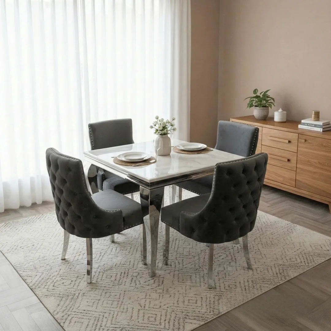 Lorens 1m Square Chrome Dining Set – White Marble Table with 4 Oskar Dark Grey Velvet Chairs - Image 6