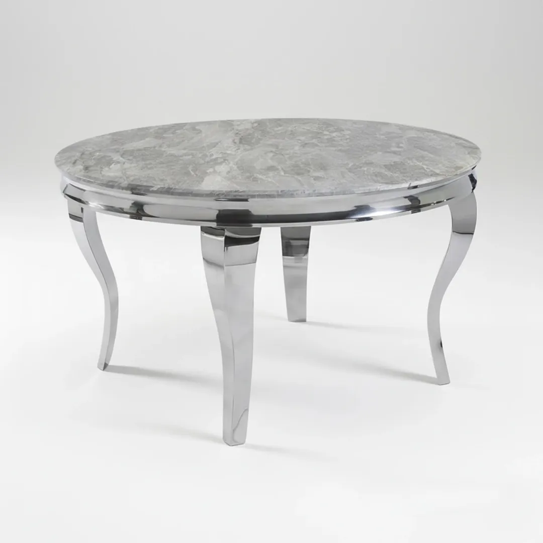Lorens 130cm Round Light Grey Marble Dining Table with Chrome 4-Leg Base - Image 6