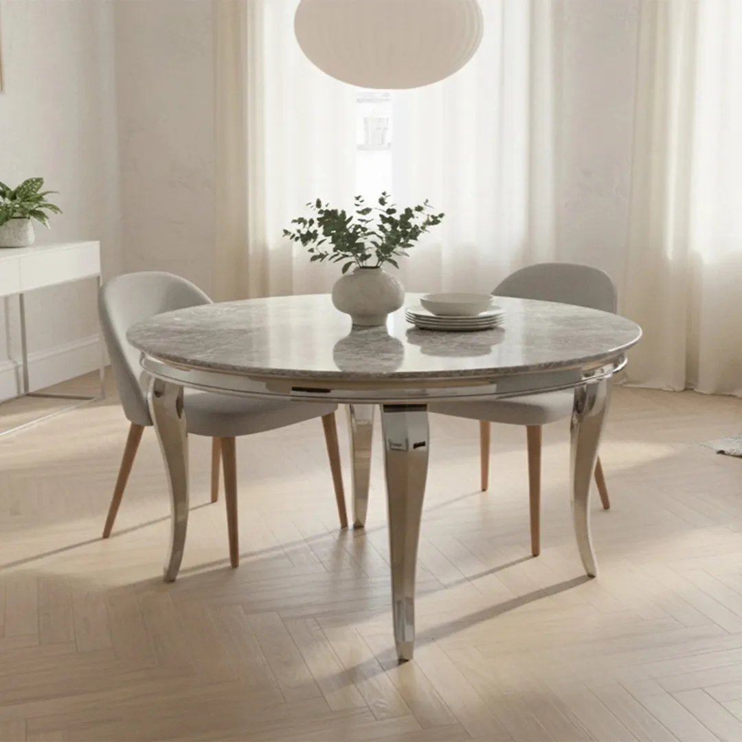 Lorens 130cm Round Light Grey Marble Dining Table with Chrome 4-Leg Base - Image 3