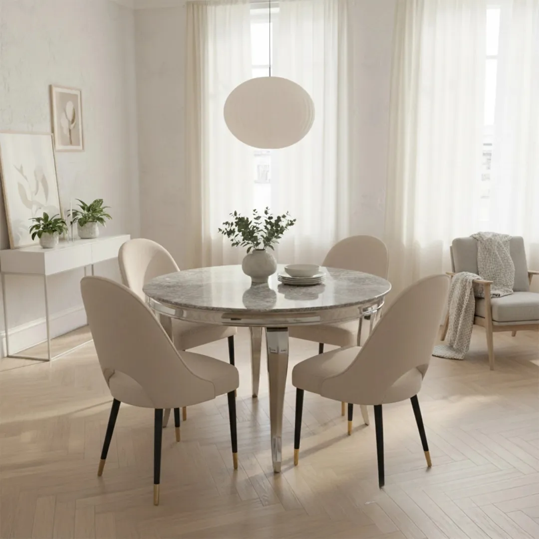 Lorens 130cm Round Light Grey Marble Dining Table with Chrome 4-Leg Base - Image 4