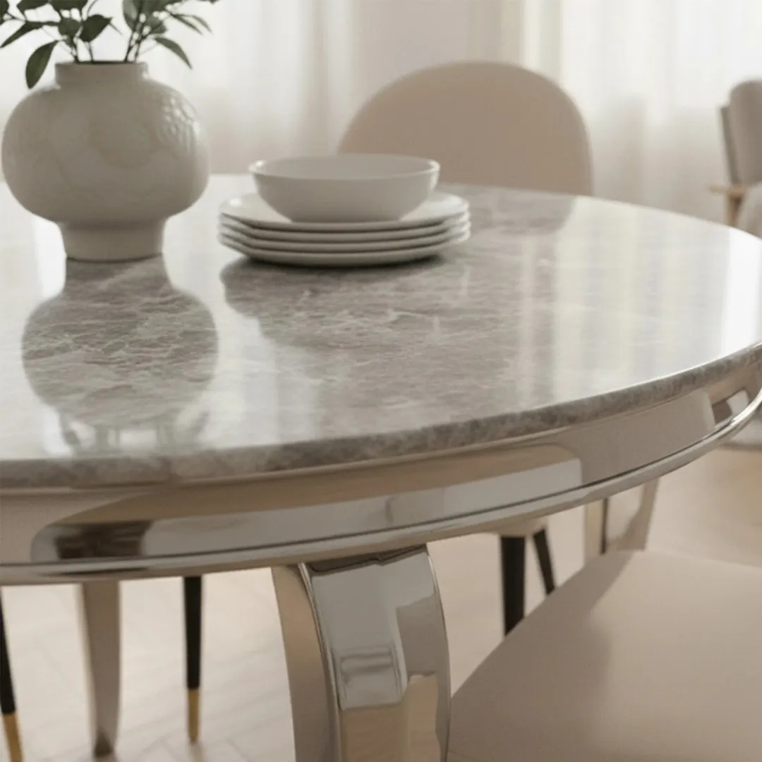 Lorens 130cm Round Light Grey Marble Dining Table with Chrome 4-Leg Base - Image 2