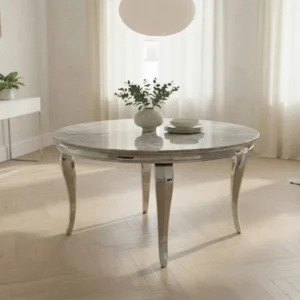 Lorens 130cm Round Light Grey Marble Dining Table with Chrome 4-Leg Base