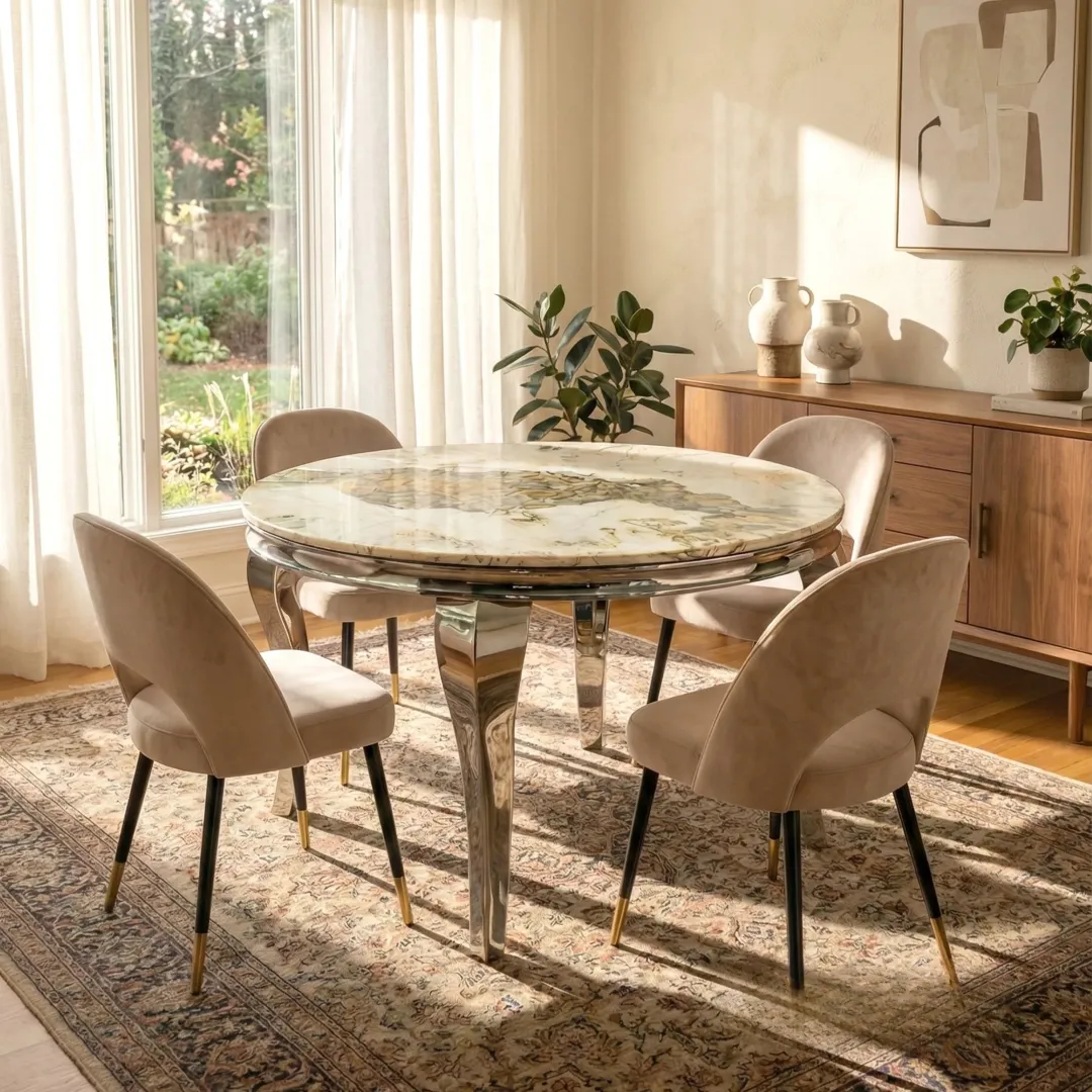Lorens 1.3m Round Chrome Dining Set – Cream Marble with 4 Bjorn Beige Velvet Chairs - Image 2