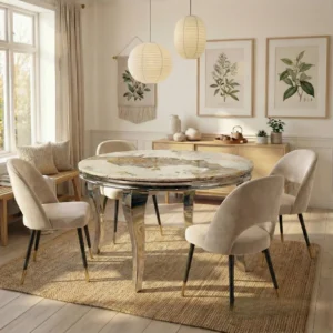 Lorens 1.3m Round Chrome Dining Set – Cream Marble with 4 Bjorn Beige Velvet Chairs