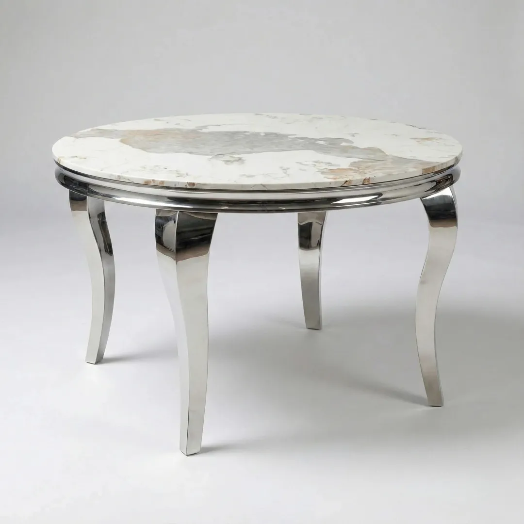 Lorens 1.3m Round Chrome Dining Set – Cream Marble with 4 Bjorn Beige Velvet Chairs - Image 3