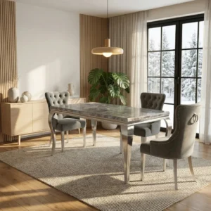 Lorens 1.5m Light Grey Marble Dining Table with 4/6 Megan Ring Knocker Velvet Chairs