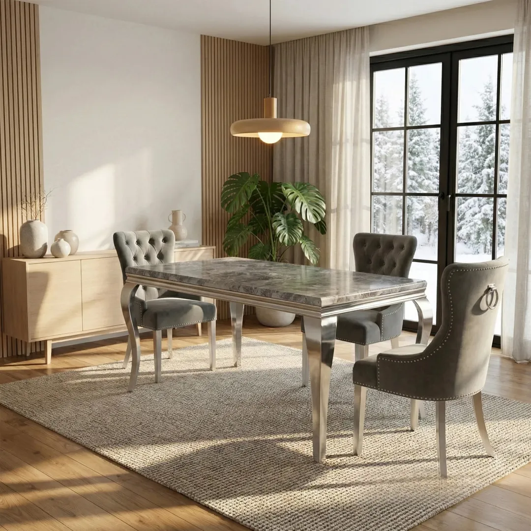 Lorens 1.5m Light Grey Marble Dining Table with 4/6 Megan Ring Knocker Velvet Chairs