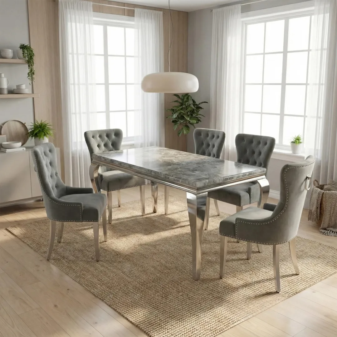 Lorens 1.5m Light Grey Marble Dining Table with 4/6 Megan Ring Knocker Velvet Chairs - Image 3