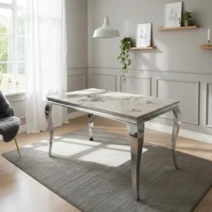 Lorens 160cm Marble Dining Table with Chrome 4-Leg Base – White | Cream