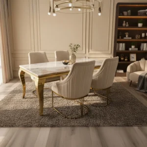 Lorens Gold 1.8m Cream Marble Dining Table with 4/6 Olivia Velvet Chairs