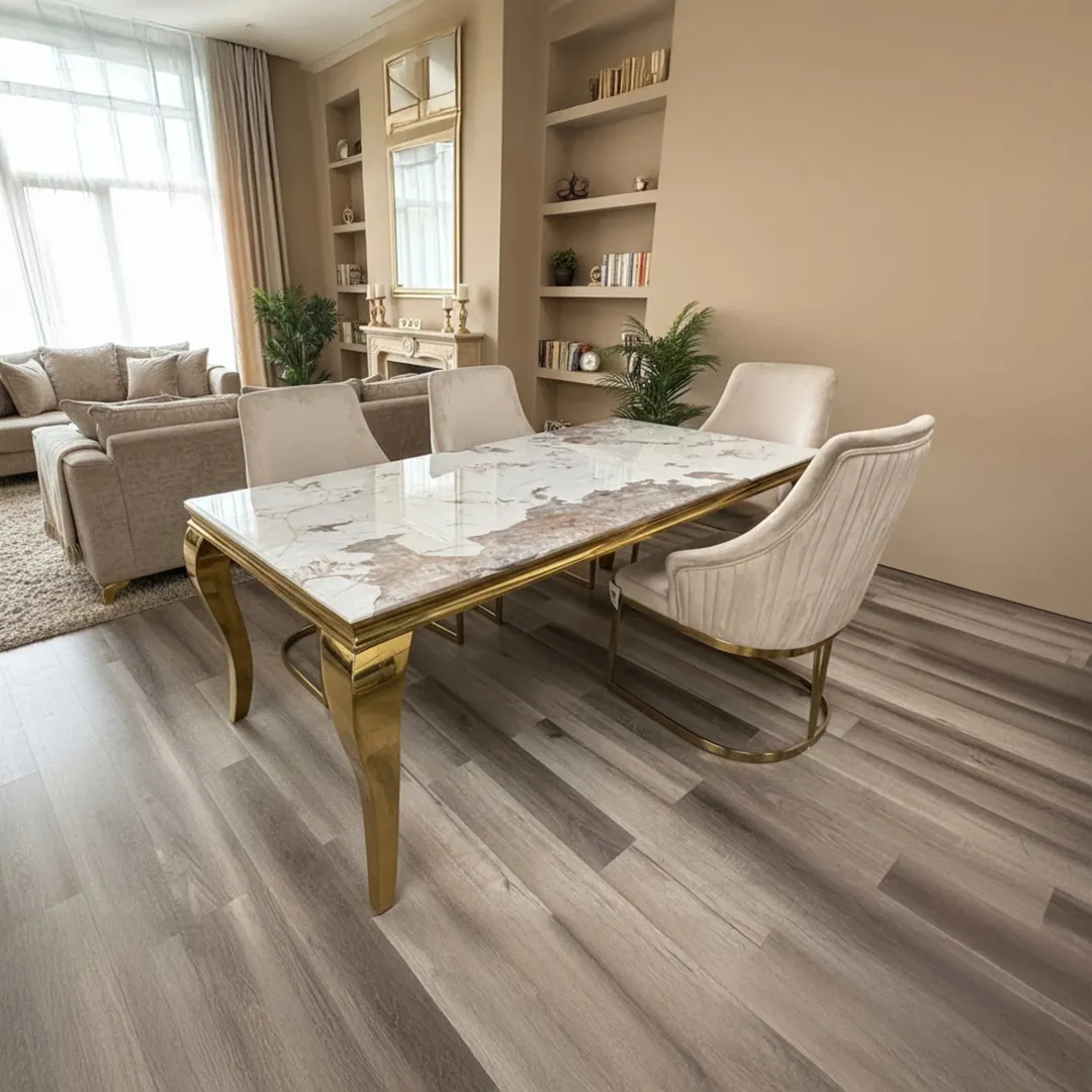 Lorens Gold 1.8m Cream Marble Dining Table with 4/6 Olivia Velvet Chairs - Image 3