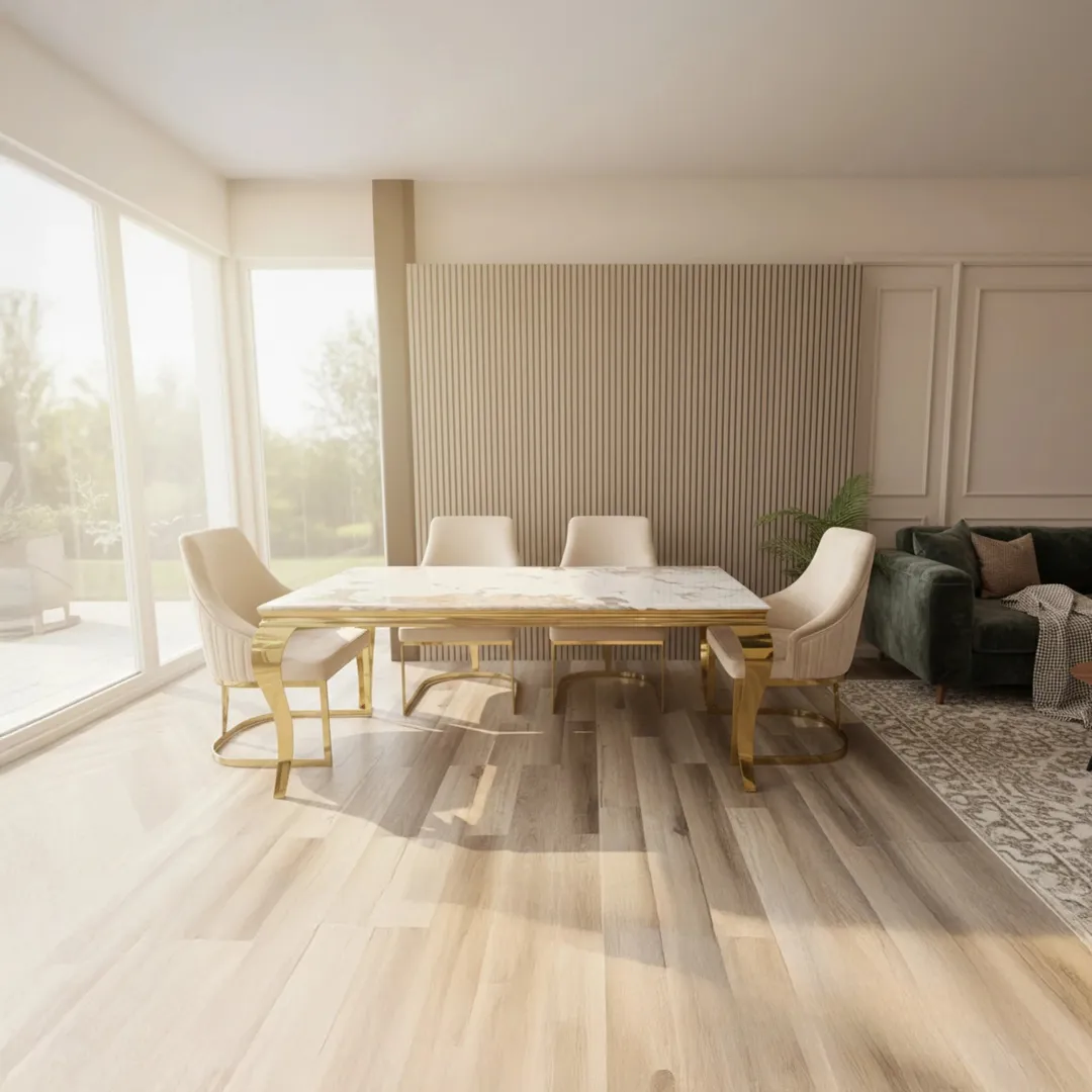 Lorens Gold 1.8m Cream Marble Dining Table with 4/6 Olivia Velvet Chairs - Image 4