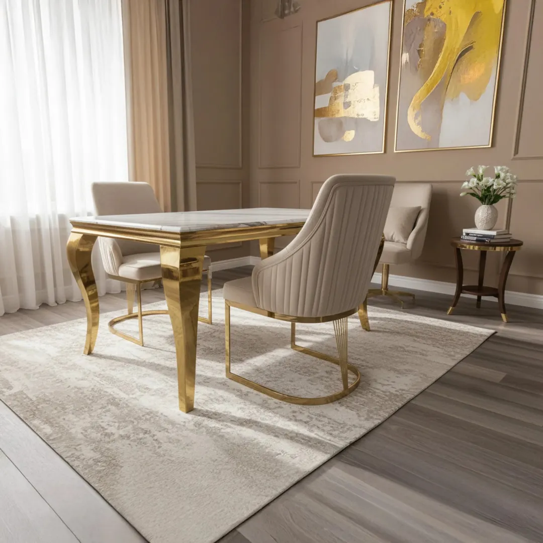 Lorens Gold 1.8m Cream Marble Dining Table with 4/6 Olivia Velvet Chairs - Image 5