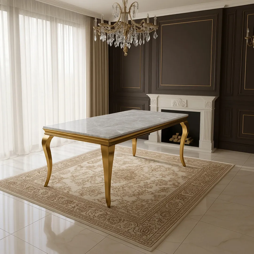 Lorens Gold 180cm Marble Dining Table with 4-Leg Base – White | Light Grey | Cream | Black&Gold