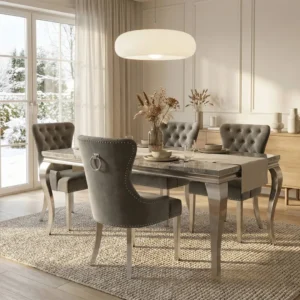 Lorens 1.8m Light Grey Marble Chrome Dining Set – Table with 4/6/8 Megan Dark Grey Velvet Chairs
