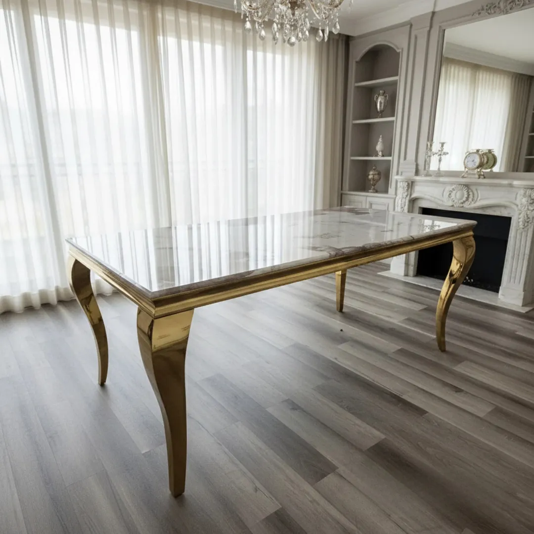 Lorens Gold 1.8m Dining Set – Cream Marble Table with 4/6/8 Henrik Beige Velvet Chairs - Image 4