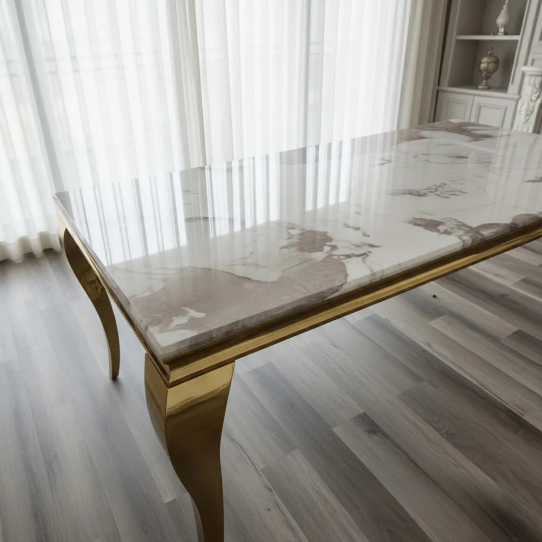 Lorens Gold 180cm Marble Dining Table with 4-Leg Base – White | Light Grey | Cream | Black&Gold - Image 2