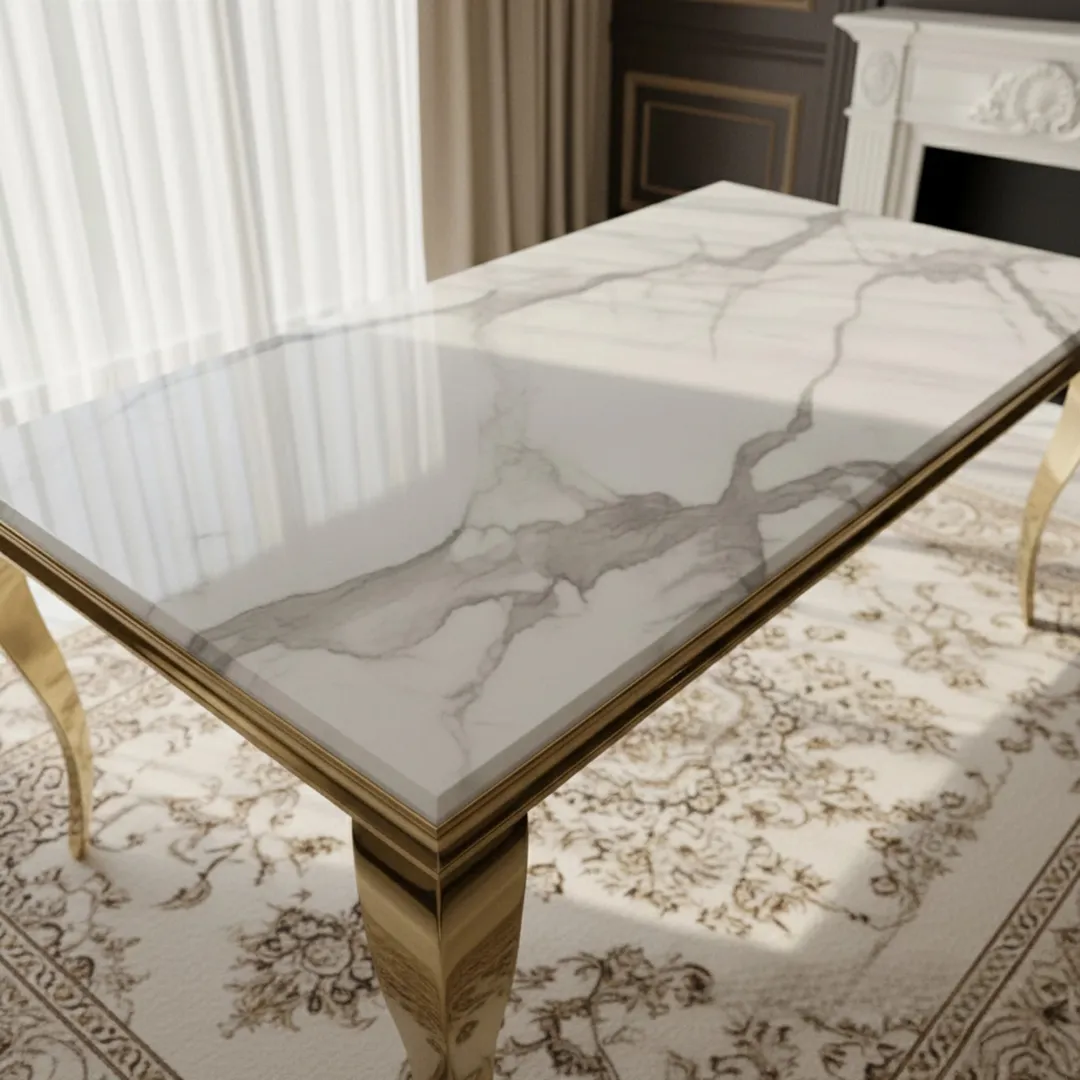 Lorens Gold 180cm Marble Dining Table with 4-Leg Base – White | Light Grey | Cream | Black&Gold - Image 6
