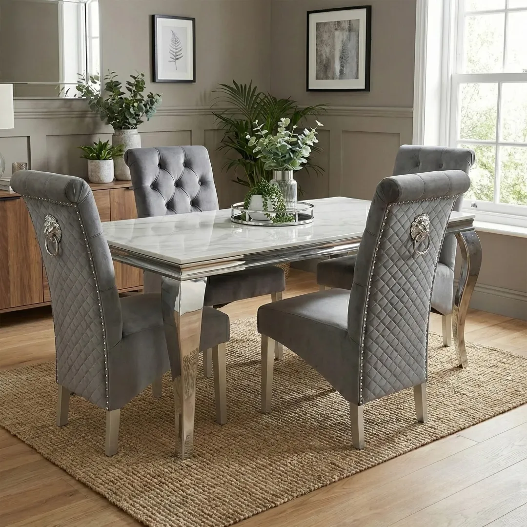 Lorens 1.8m White Marble Chrome Dining Set – Table with 4/6/8 Einar Dark Grey Velvet Chairs