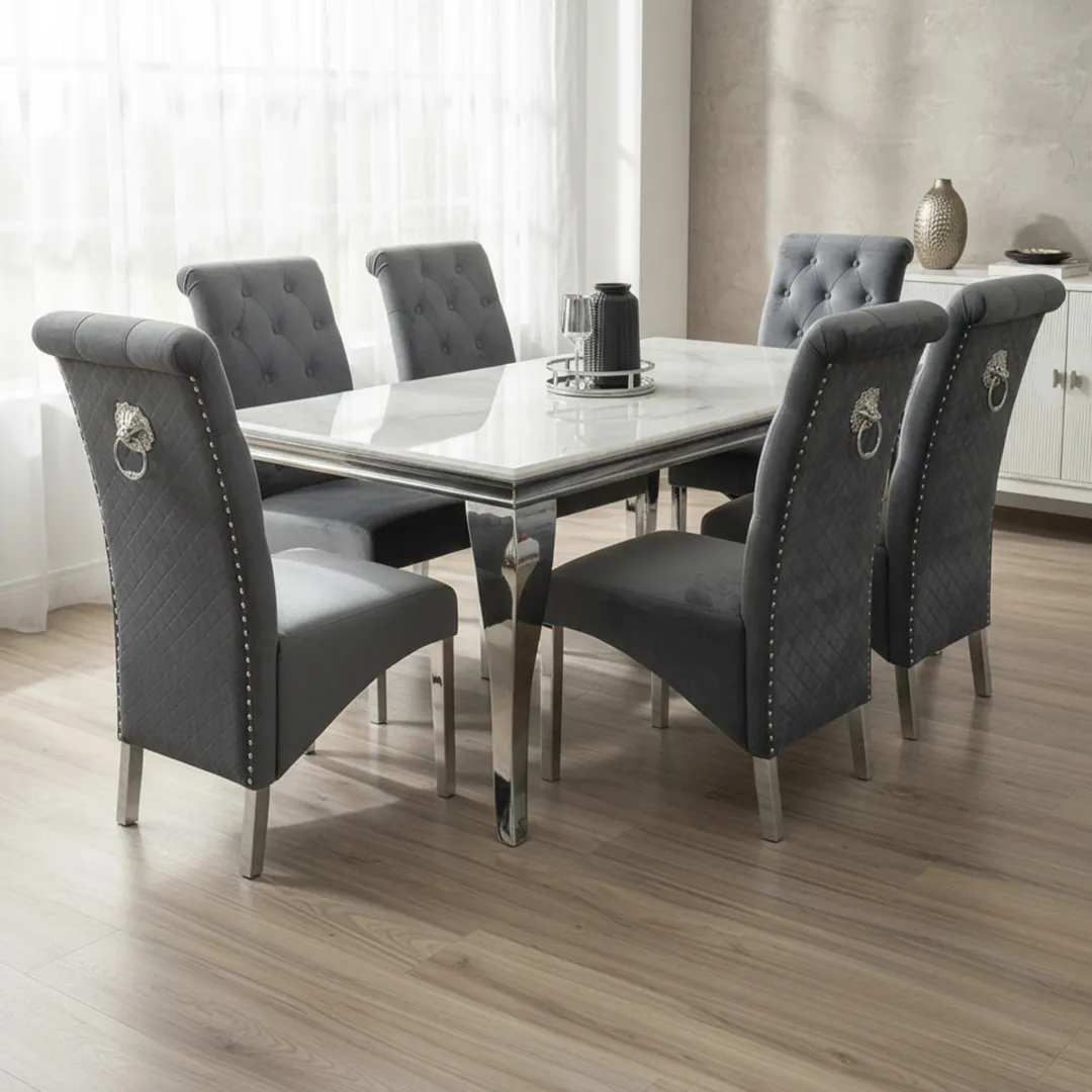 Lorens 1.8m White Marble Chrome Dining Set – Table with 4/6/8 Einar Dark Grey Velvet Chairs - Image 3