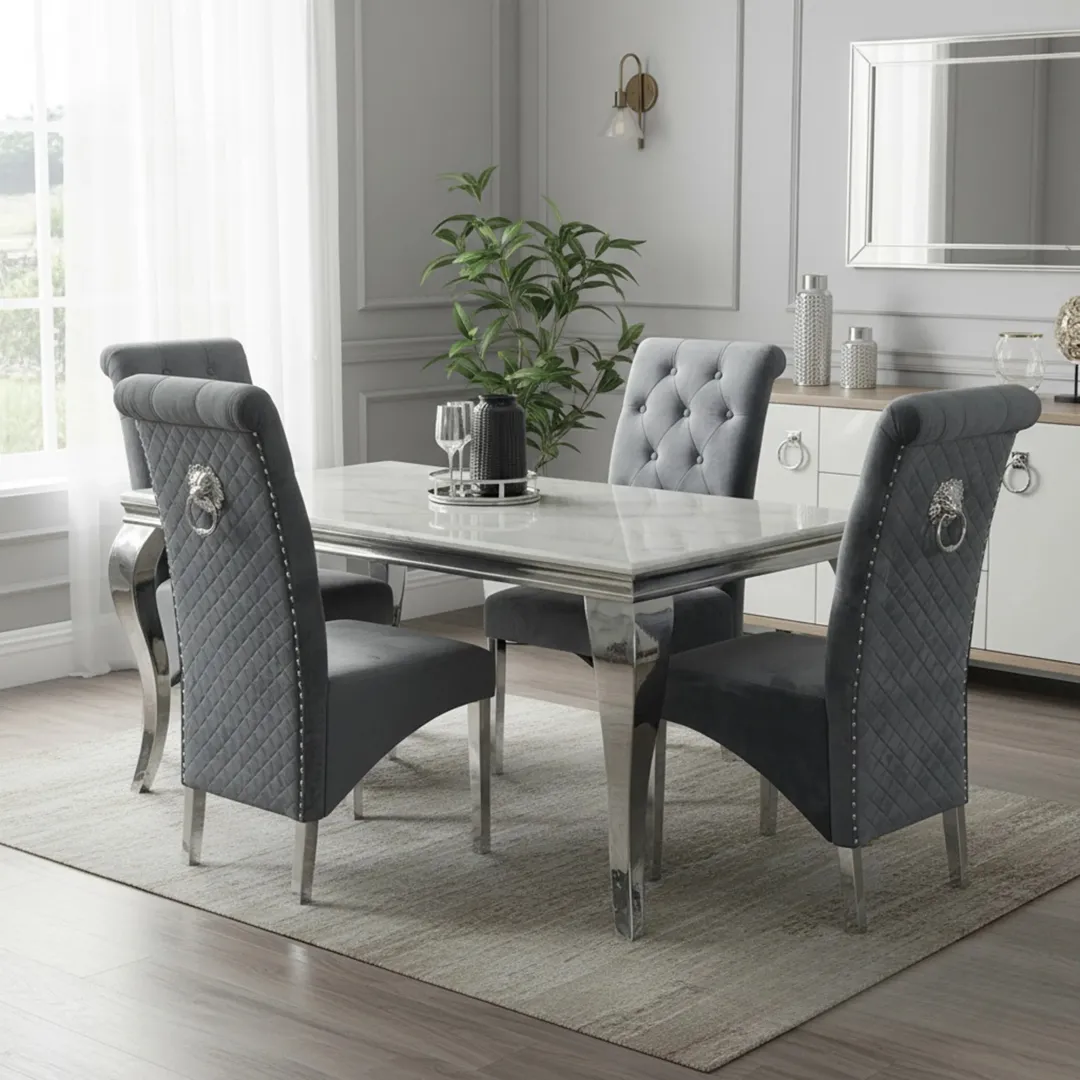 Lorens 1.8m White Marble Chrome Dining Set – Table with 4/6/8 Einar Dark Grey Velvet Chairs - Image 2