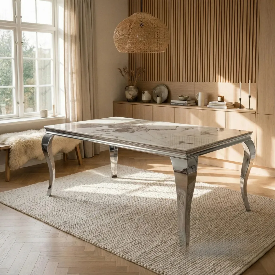 Lorens 200cm Marble Dining Table with Chrome 4-Leg Base – Cream | White | Black&Gold - Image 2