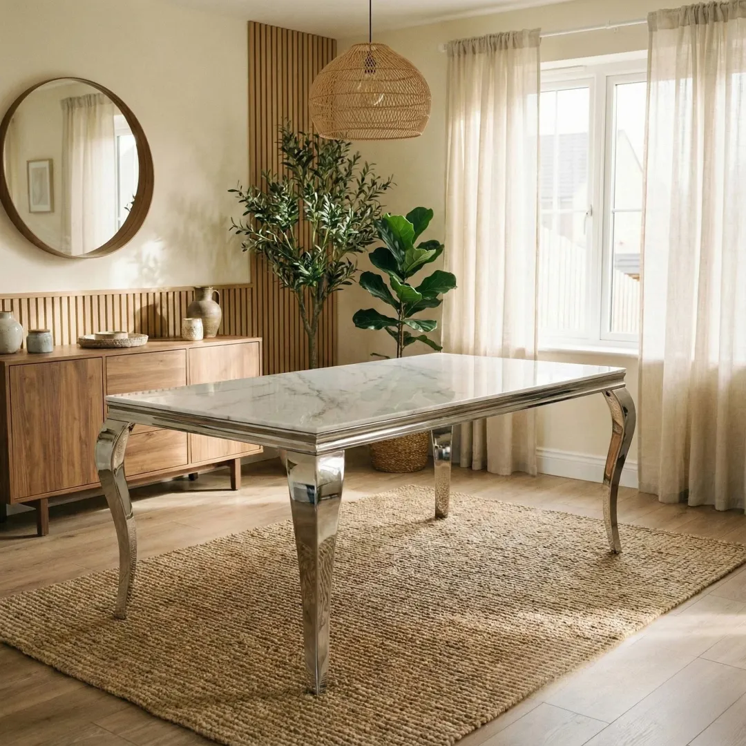 Lorens 200cm Marble Dining Table with Chrome 4-Leg Base – Cream | White | Black&Gold - Image 7