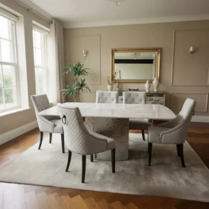 Lucca 1.8m Slimline White Marble Dining Table with 4/6/8 Gunnar Light Grey Velvet Chairs