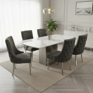 Lucca 1.8m Slimline White Marble Dining Table with 4/6/8 Oskar Dark Grey Velvet Chairs