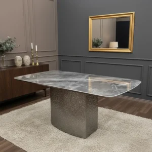 Lucca 160cm | 180cm Grey Marble Dining Table with Hammered Metal Block Base