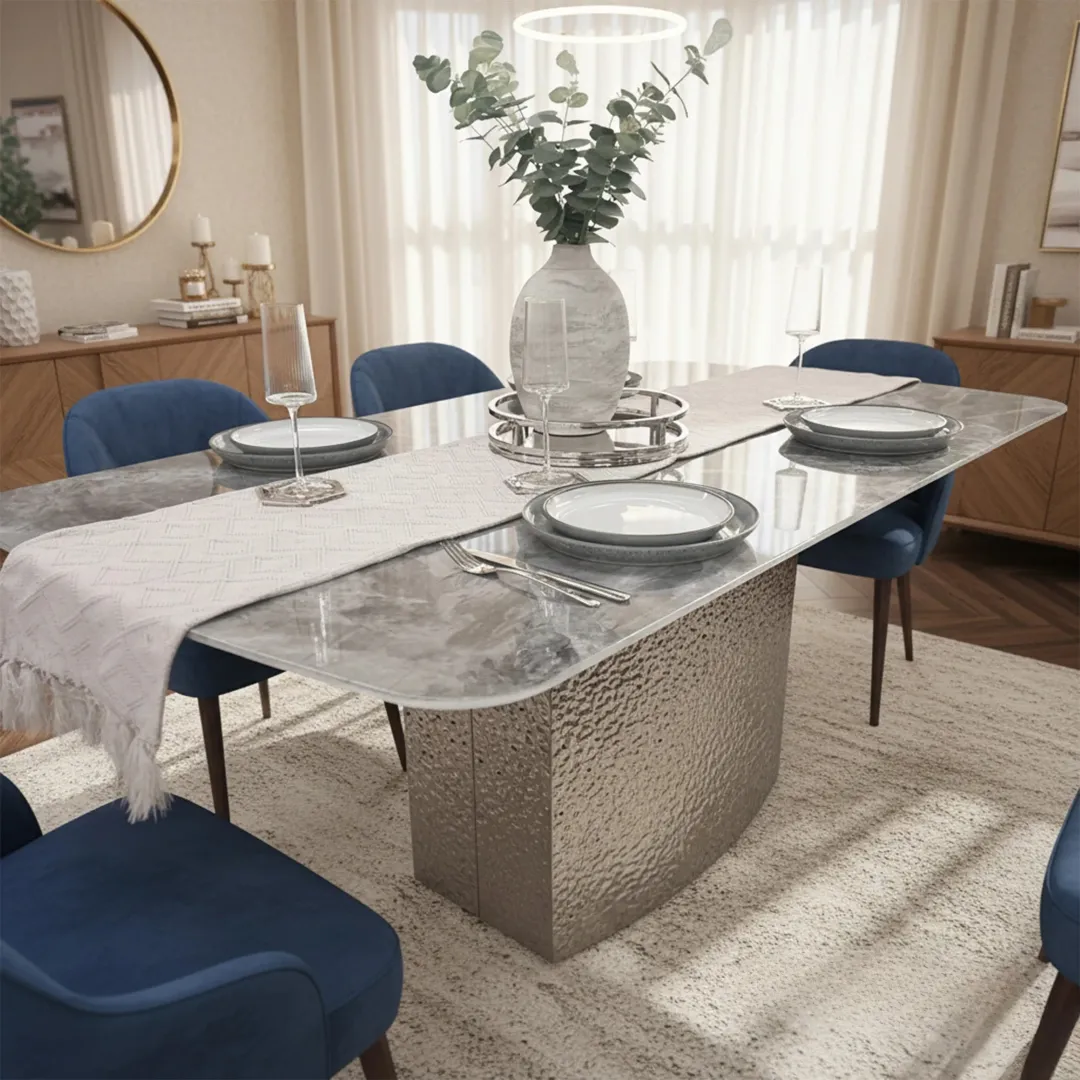 Lucca 160cm | 180cm Grey Marble Dining Table with Hammered Metal Block Base - Image 4