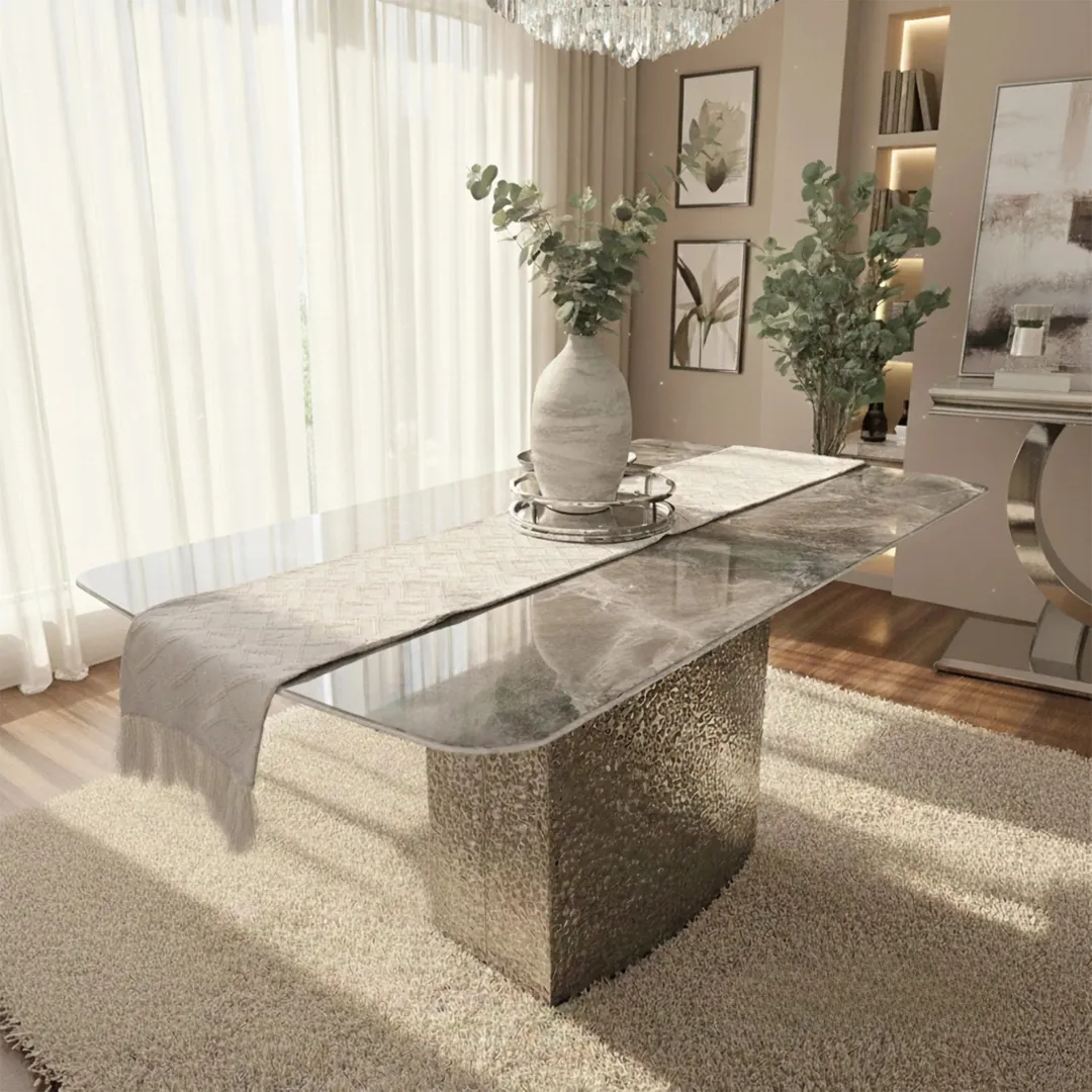 Lucca 160cm | 180cm Grey Marble Dining Table with Hammered Metal Block Base - Image 2