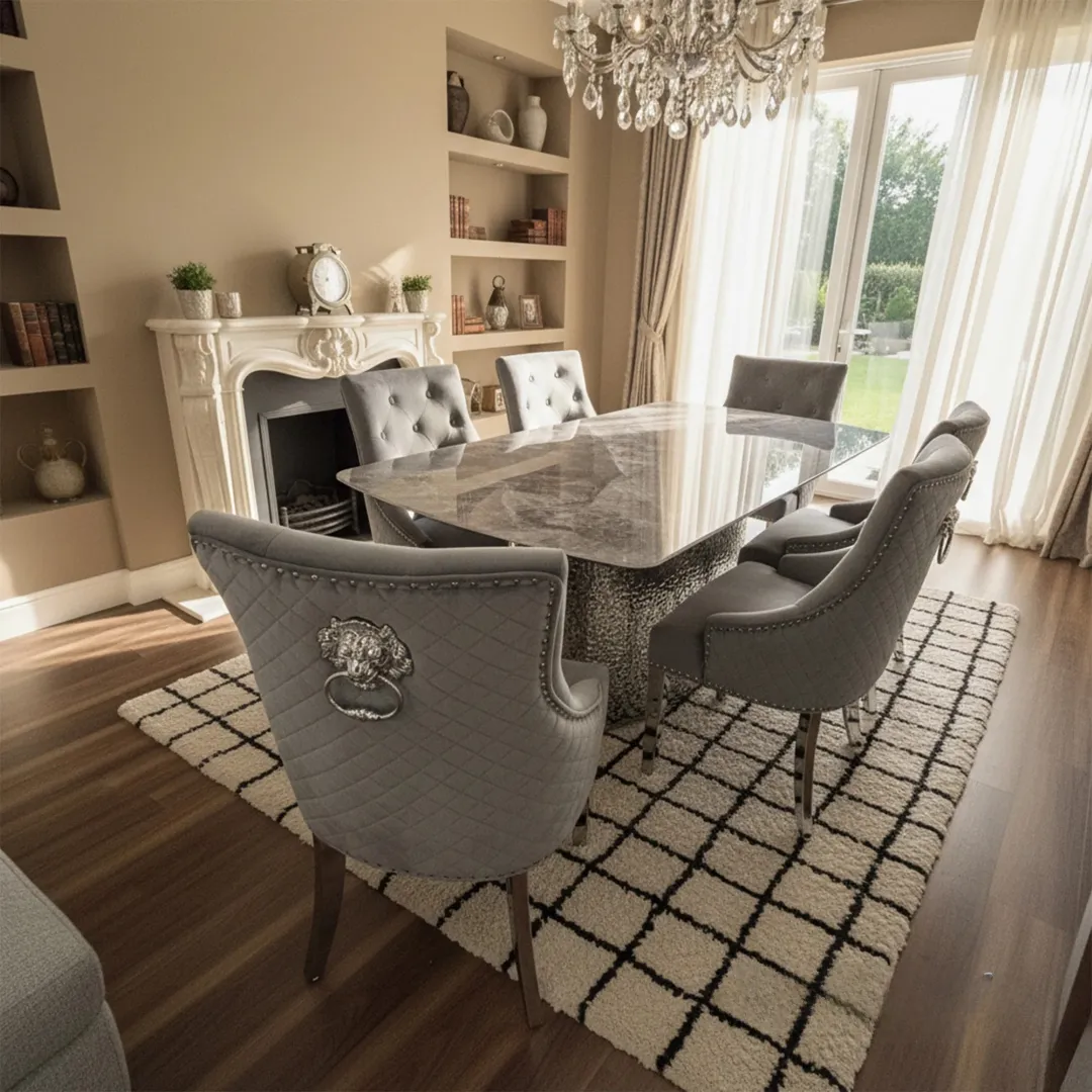 Lucca 160cm | 180cm Grey Marble Dining Table with Hammered Metal Block Base - Image 6