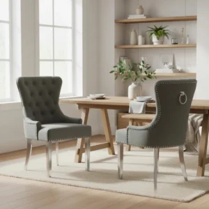 Megan Dark Grey Velvet Dining Chair | Chrome Ring Knocker, Studded Detailing, Plain Back Design