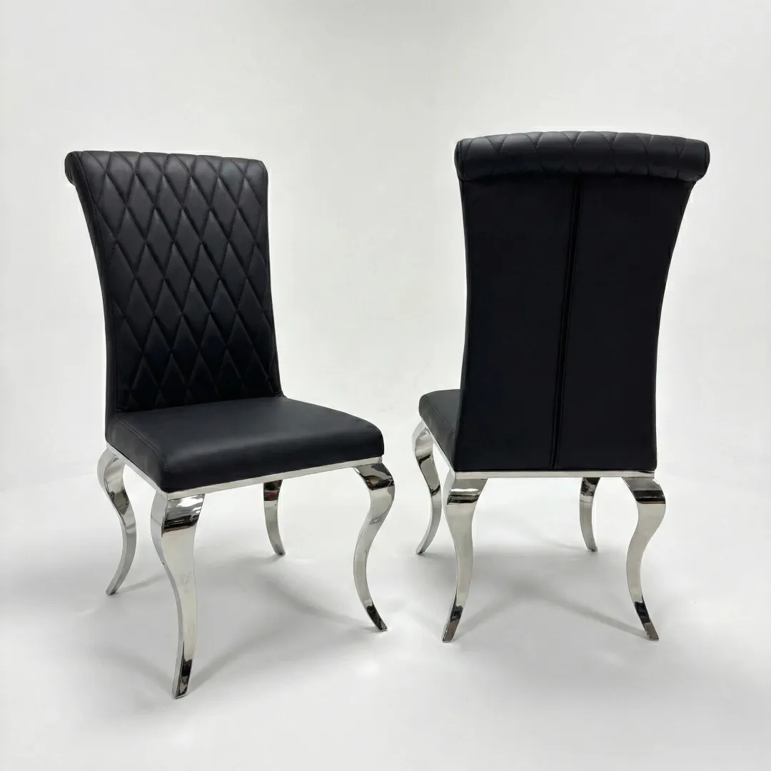 Lorens 1m Square Black & Gold Marble Chrome Dining Table with 4 Niklas Leather Chairs - Image 4