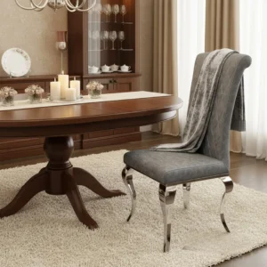 Niklas Grey Faux Leather Dining Chair | Cross Stitch Back, High Scroll Top, Chrome Curved Legs