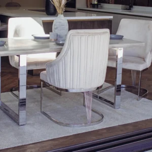 Olivia Beige Velvet Dining Chair | Fluted Back with Chrome Stainless Steel Frame