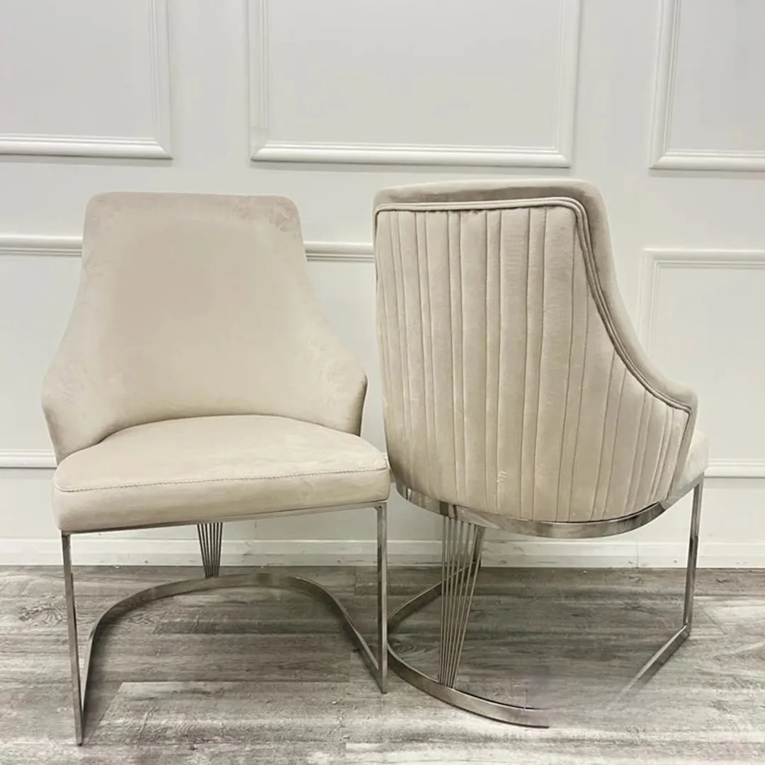 Xena 1.8m Chrome Dining Set – Light Grey Marble Table with 4/6 Olivia Beige Velvet Chairs - Image 2