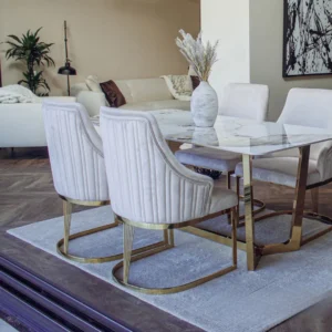 Olivia Beige Velvet Dining Chair | Fluted Back with Gold Stainless Steel Frame