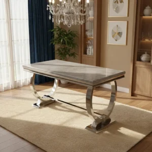 Orvar 150cm Marble Dining Table with Double Ring Chrome Base – White | Light Grey | Cream