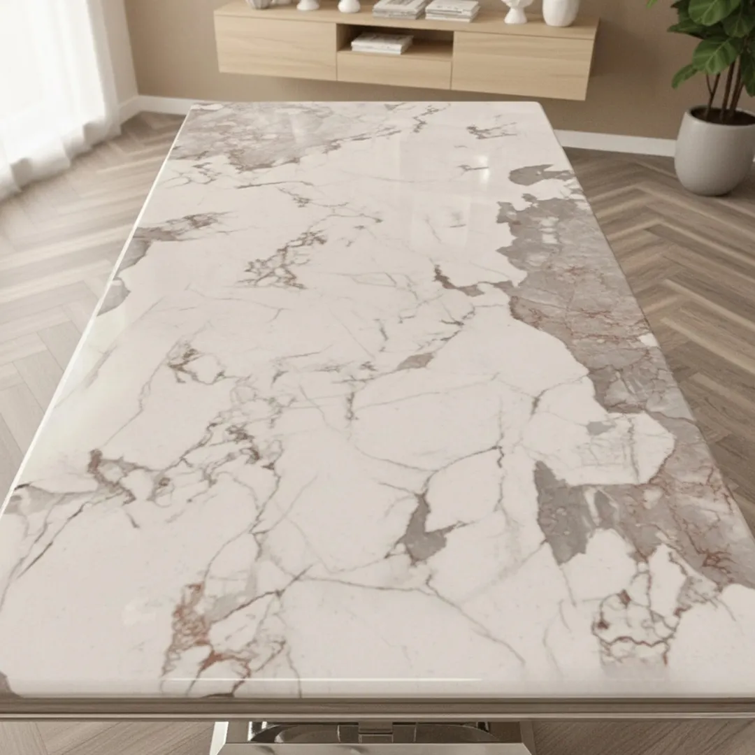 Orvar 180cm Marble Dining Table with Double Ring Chrome Base – White | Light Grey | Cream | Black&Gold - Image 2