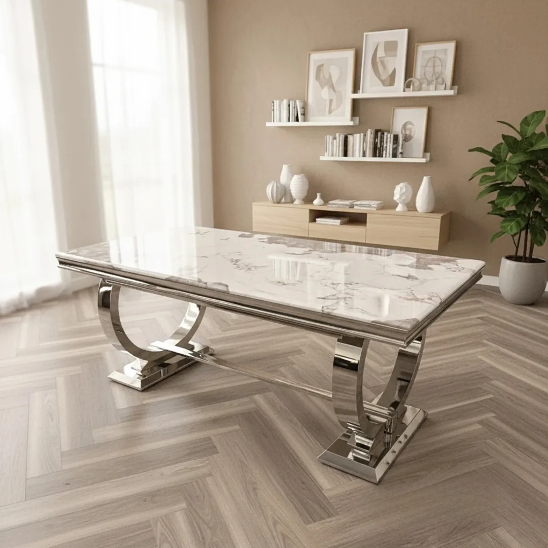 Orvar 180cm Marble Dining Table with Double Ring Chrome Base – White | Light Grey | Cream | Black&Gold - Image 3