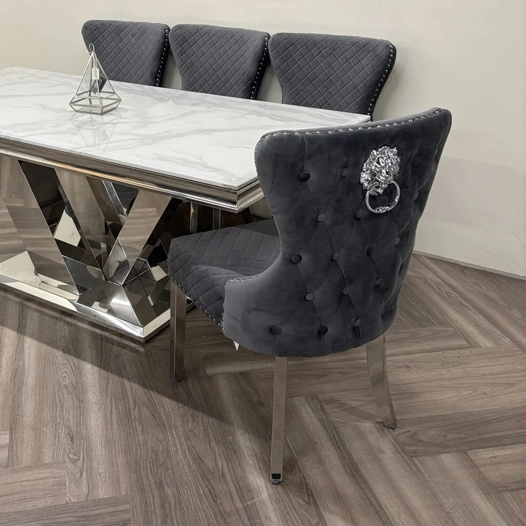 Chelsea Dark Gery Velvet Dining Chair | Buttoned Back with Chrome Lion Knocker