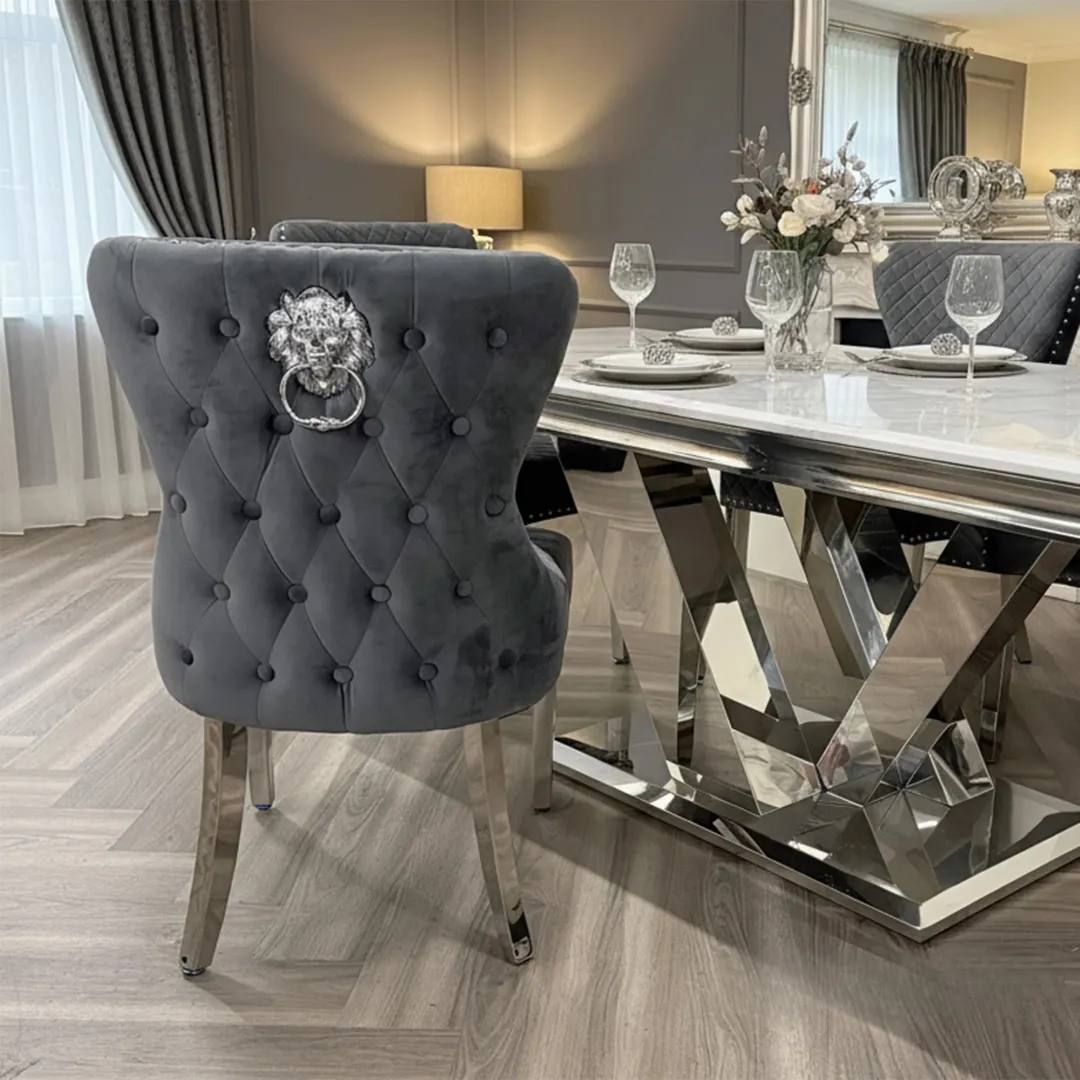 Chelsea Dark Gery Velvet Dining Chair | Buttoned Back with Chrome Lion Knocker - Image 3