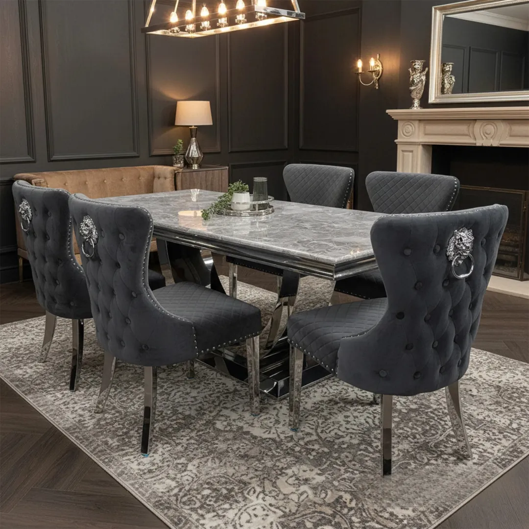 Chelsea Dark Gery Velvet Dining Chair | Buttoned Back with Chrome Lion Knocker - Image 5